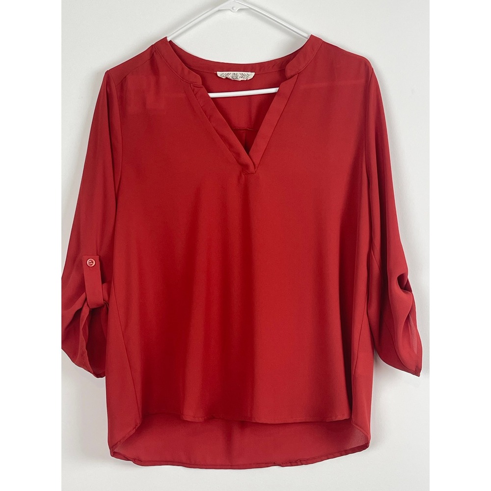 00748 Pink Rose Orange Roll Tab Sleeve V Neck High Low Blouse Women Medium